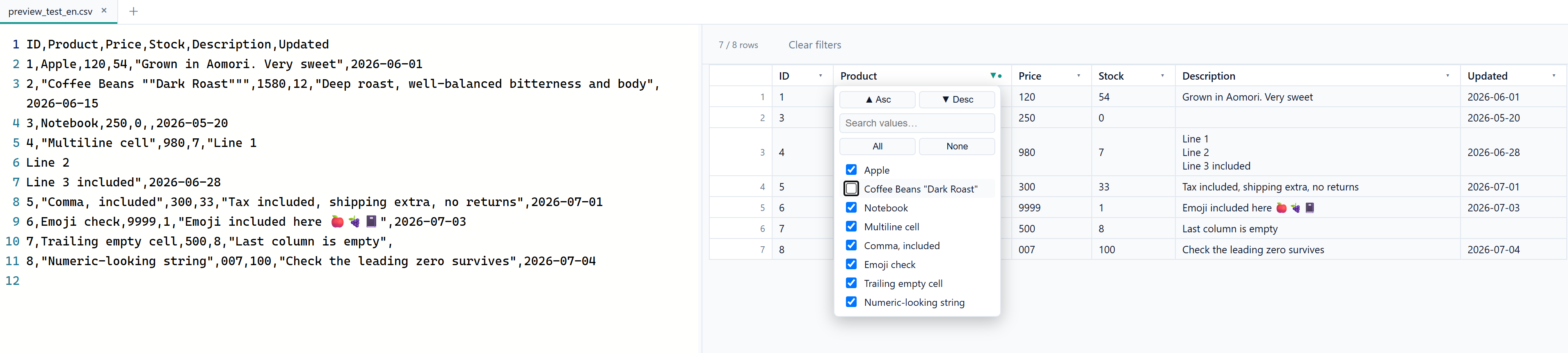 Split preview of a CSV file — source on the left, filtered table with a column filter open on the right