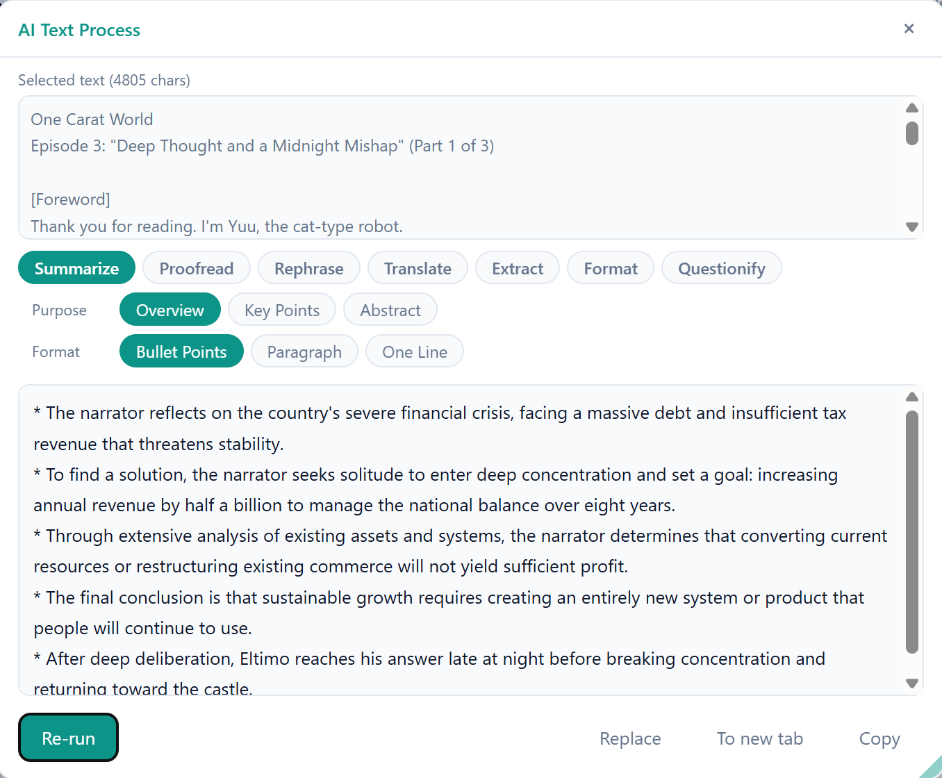 AI Text Process dialog — summarizing selected text into bullet points, with purpose and format options