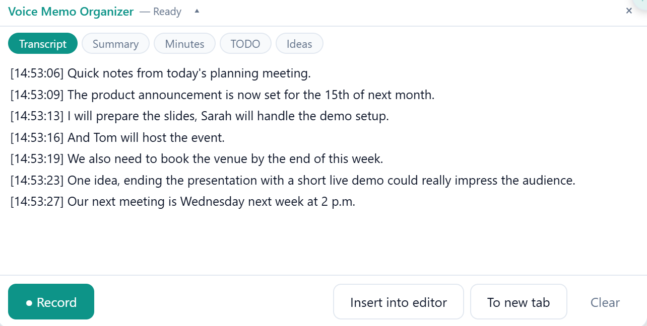 Voice Memo Organizer — local transcript with one-click summary, minutes, to-do, and idea cards