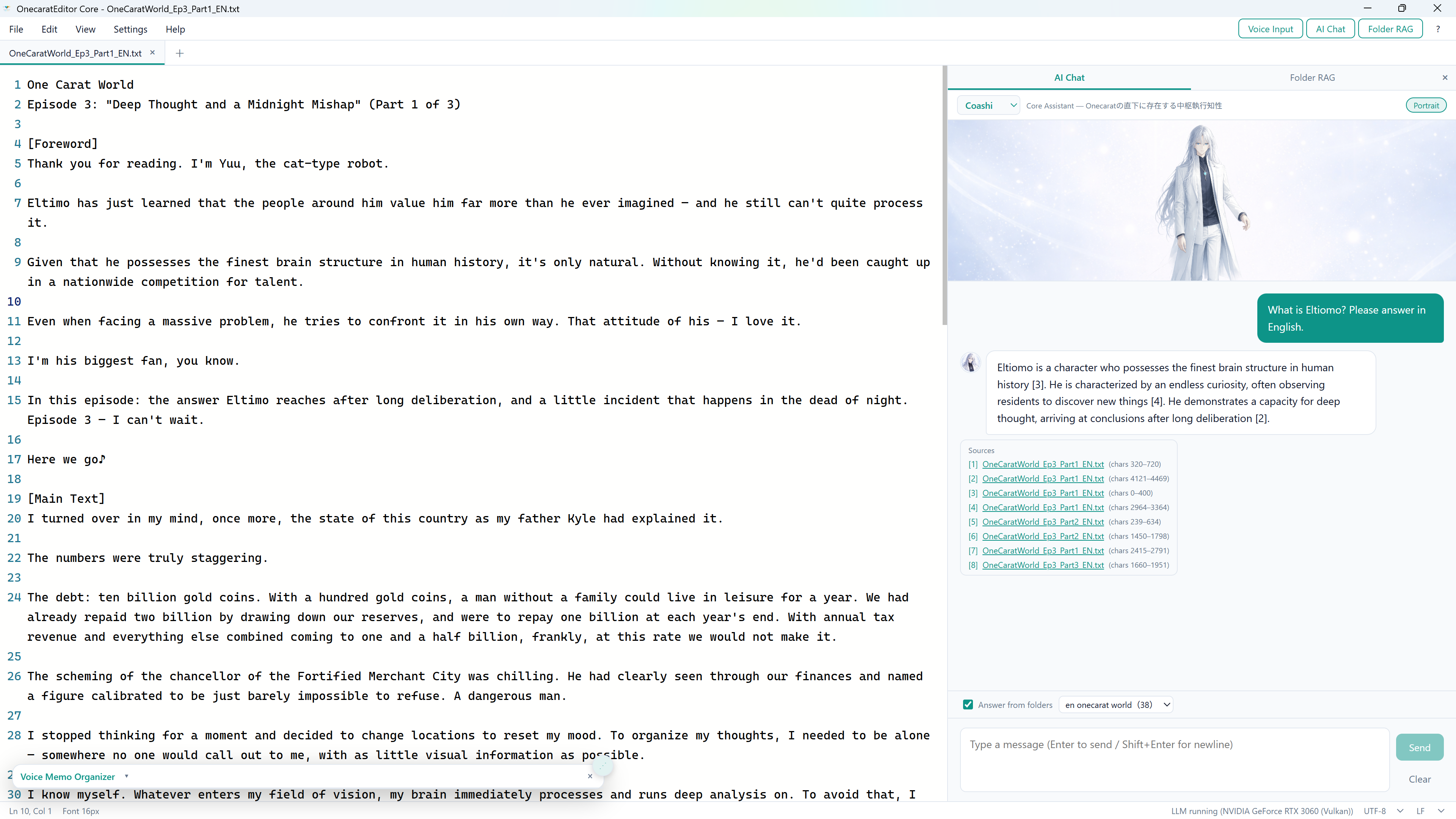 OnecaratEditor Core — editor with AI chat panel answering from folder RAG sources